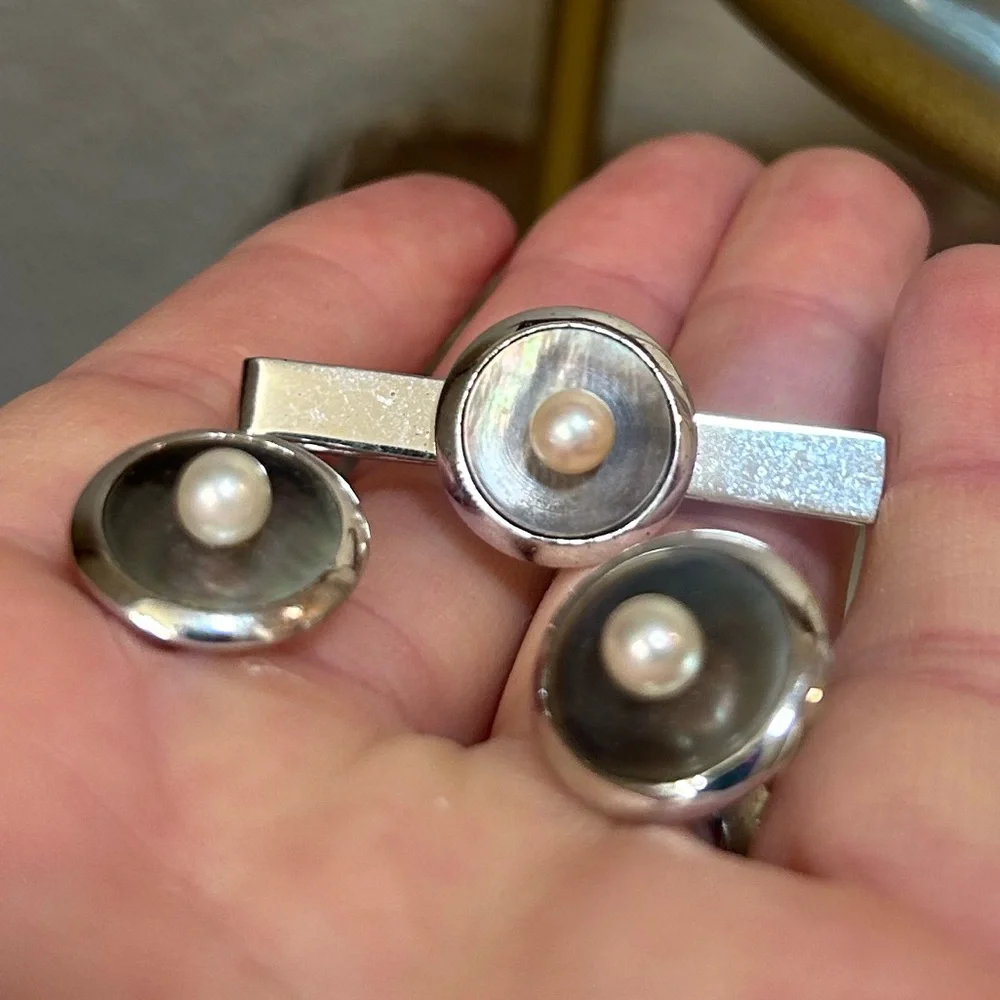 Vintage 1950's Sterling Silver & Pearl Tie Pin and Cuff Links in mother of pearl